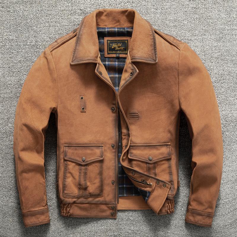 

Верхний слой телячья кожа Натуральная кожа Куртка Ретро Старый Летный костюм Без покрытия 5XL