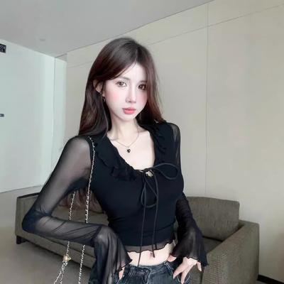 Early Spring Unique V-neck Halter Neck Ruffle Short Top Design Long-sleeved Base Shirt for Women
