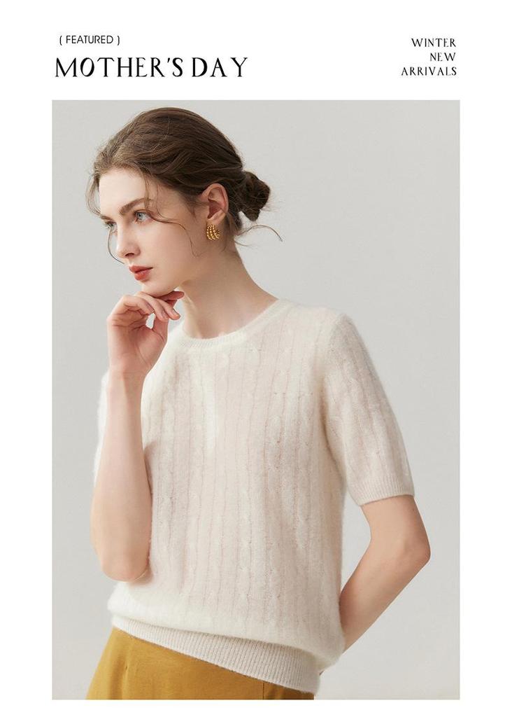 Lekasha 100% Pure Cashmere Short-Sleeve Round-Neck Pullover.