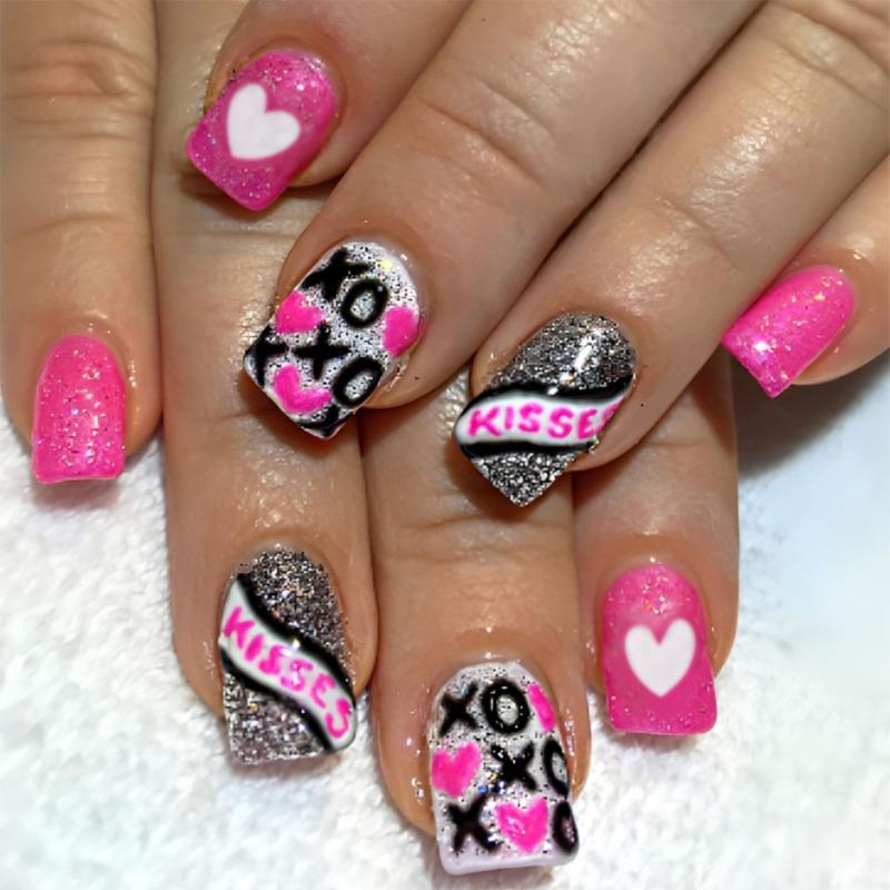 24 Pcs Valentines Day Press On Nail Lovely Heart False Nail Glittering Acrylic Nail Short Stick on Nail 1