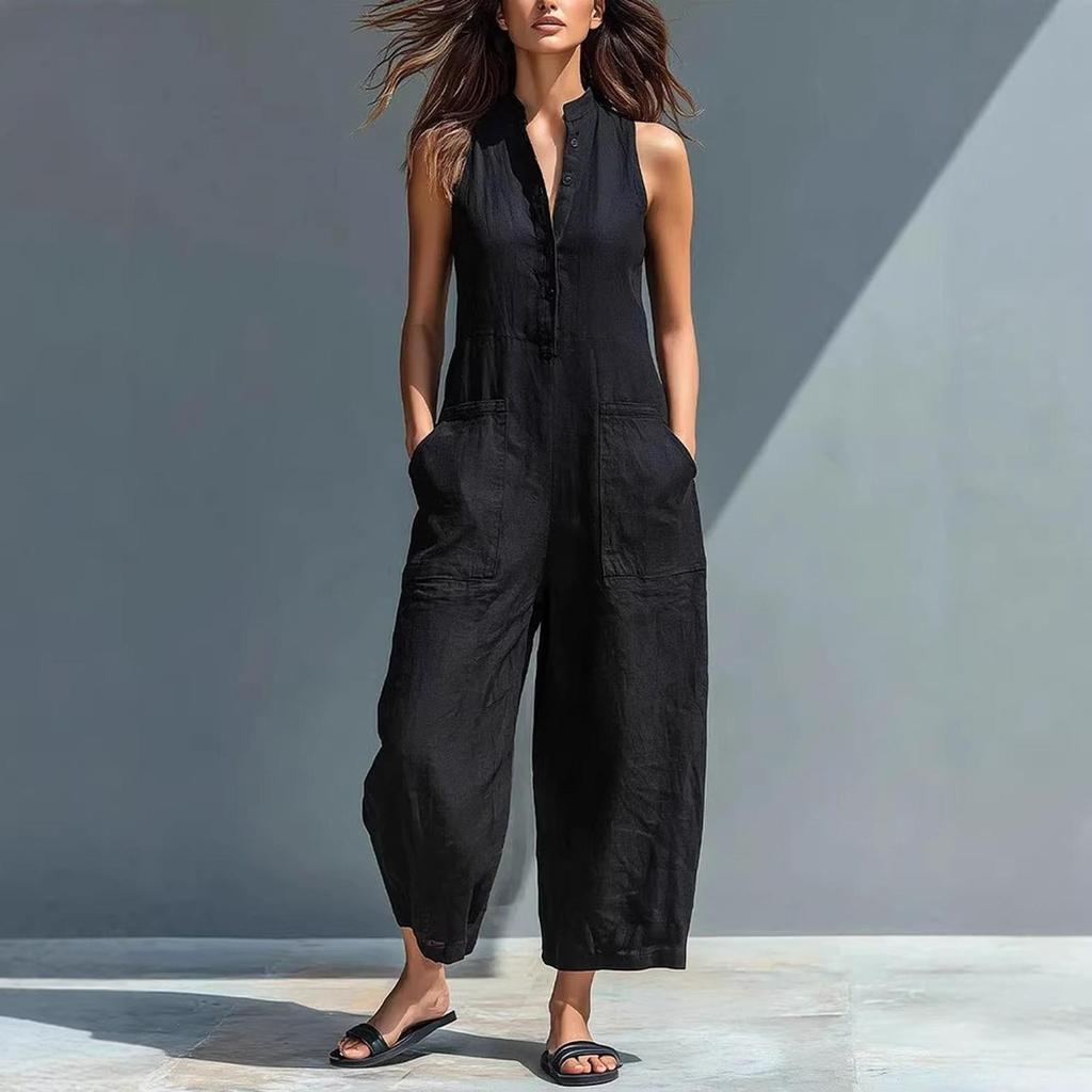 Damen Unifarbener Ärmelloser Jumpsuit mit Stehkragen, Knopfleiste vorne und Tasche, Locker geschnitten, Lässiger Romper für den täglichen Gebrauch