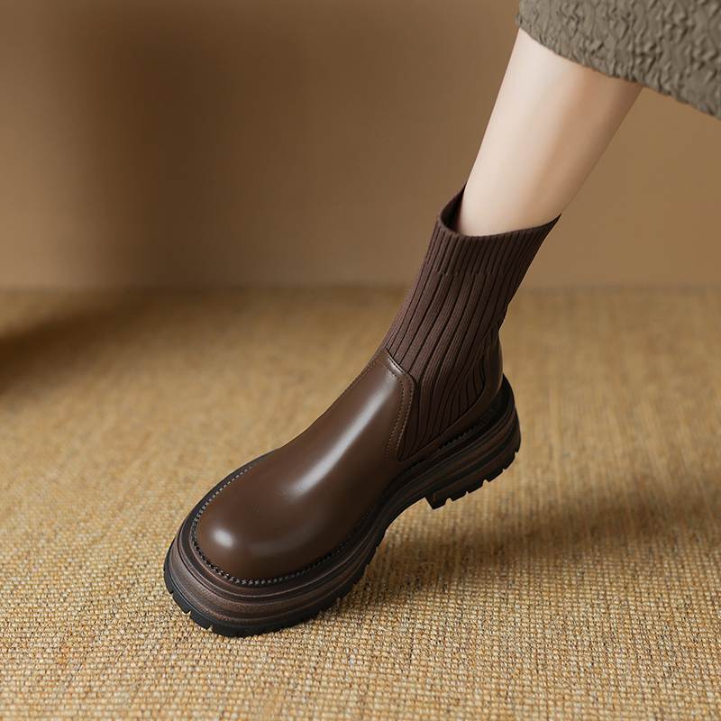 Krazing Pot Microfiber Autumn Winter Shoes Thick High Heels Flat Platform Size 43 Motorcycle Boots Knitwear Non-slip Ankle Boots