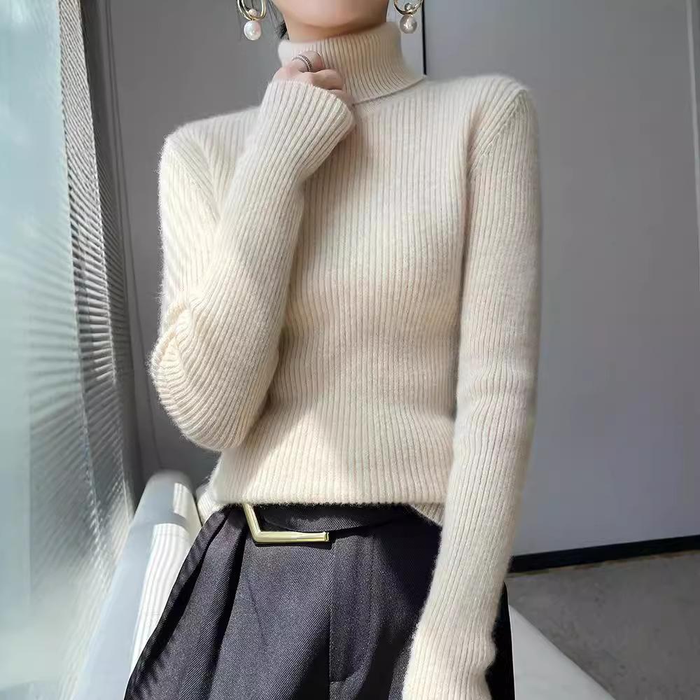 Women's Autumn Winter High Neck Pile Collar Ribbed Knit Slim-Fit Inner Base Layer Sweater