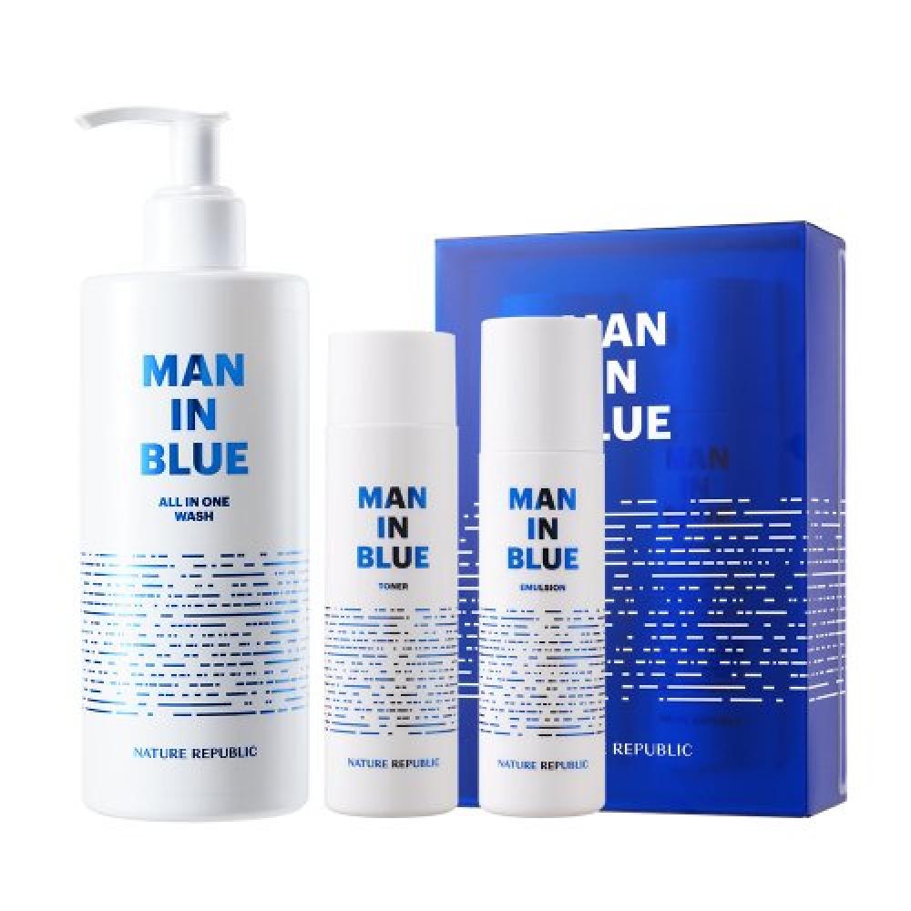 Nature Republic Men In Blue skIncare Set Of 3  All In One Wash 350ml + tOner 150ml + Emulsion 130ml MAN IN BLUE 3-PIECE SET PK2546