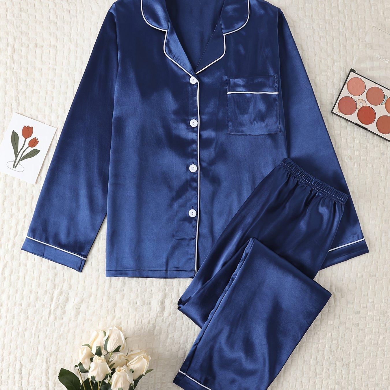 

Женский атласный комплект домашней одежды, рубашка с длинными рукавами на пуговицах и удобные брюки, свободная пижама на весну и осень XL синий