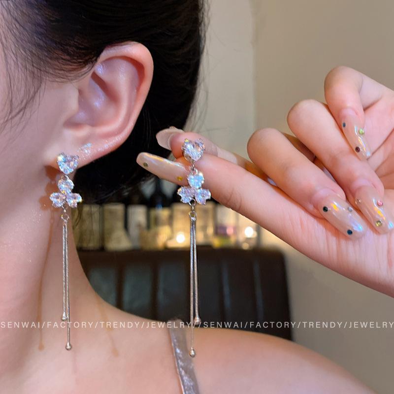 Niche exquisite zircon love stud earrings women s long fringed temperament earrings earrings