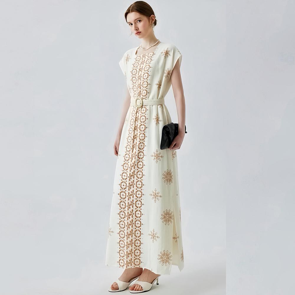 Women's Square Collar Sleeveless Loose Summer Dress Bohemian Vintage Print Long Maxi Dress with Belt