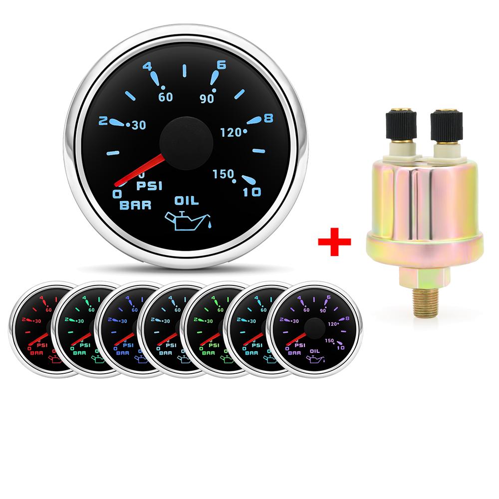 Digital Pointer Oil Pressure Gauge 7 Color Oil Pressure Meter Indicator with 0-10Bar Oil Pressure Sensor for Marine Yacht Boat