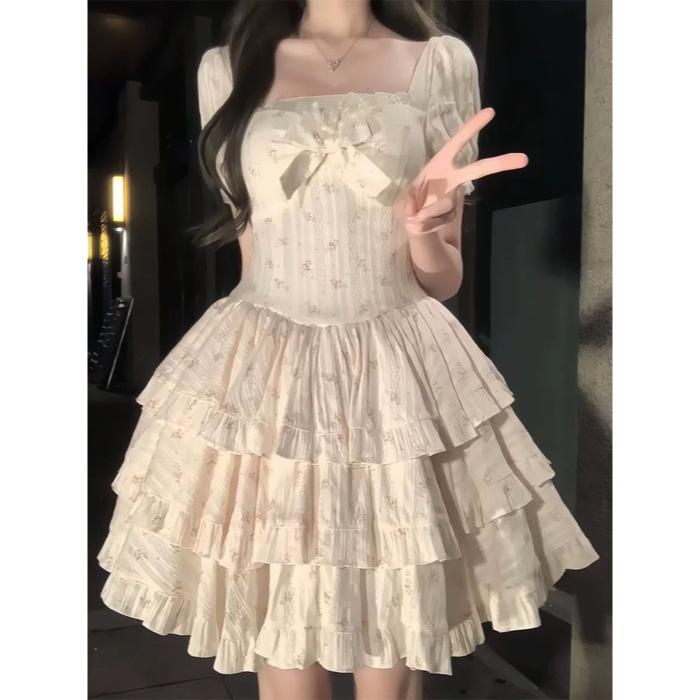 

Ballet style small floral dress women s summer high sense gentle waist small flying sleeves fluffy cake skirt XL