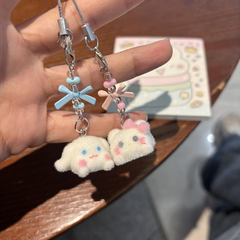 Cartoon Flocking 3D Hello Kitty Pendant Keychain Kawaii Phone Chain Pendant Backpack Hanging Decoration Accessories Gifts