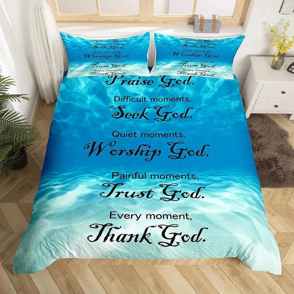 Christian Healing Duvet Cover Set with Inspirational Thoughts and Prayers Women Bedding Sets Colorful Sky Bedspreads Cover Queen