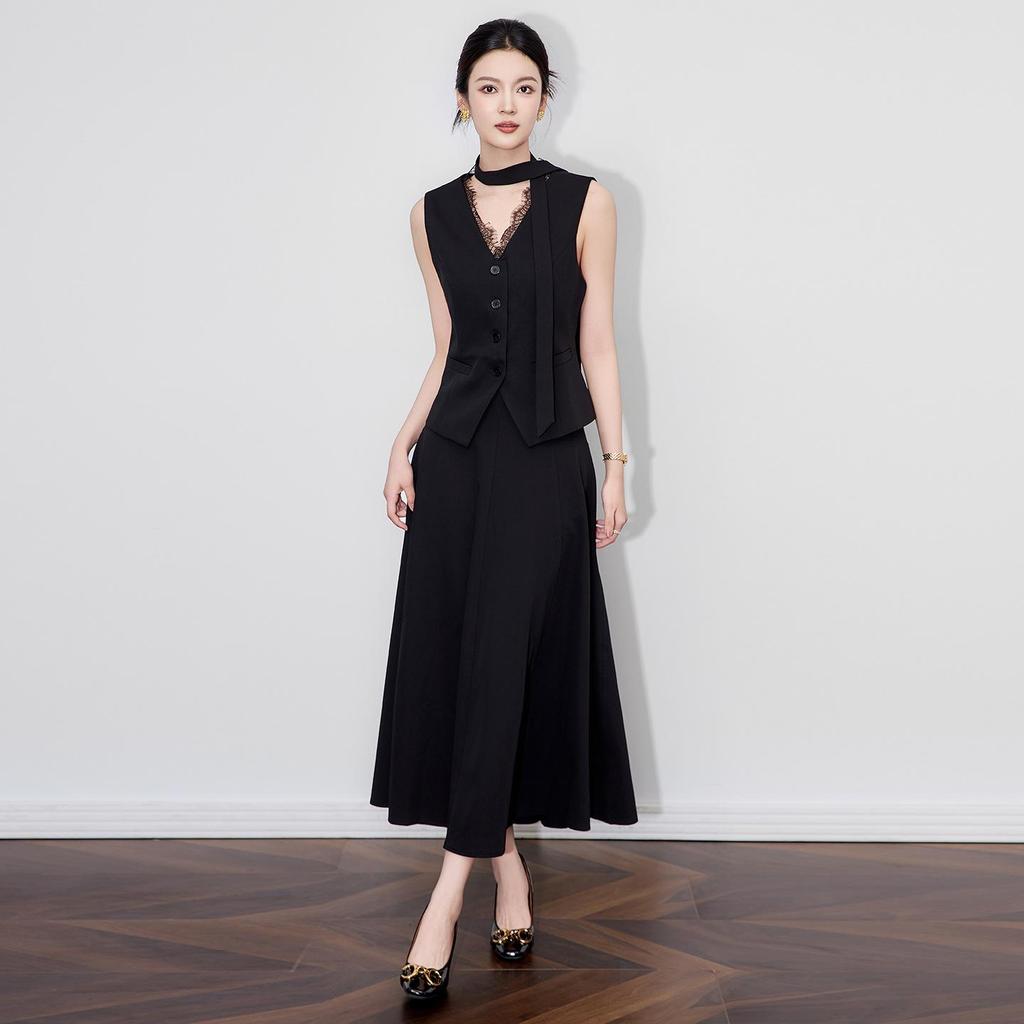 Elegant Lace V-Neck Vest & Midi Skirt Set - Women's New Autumn Style