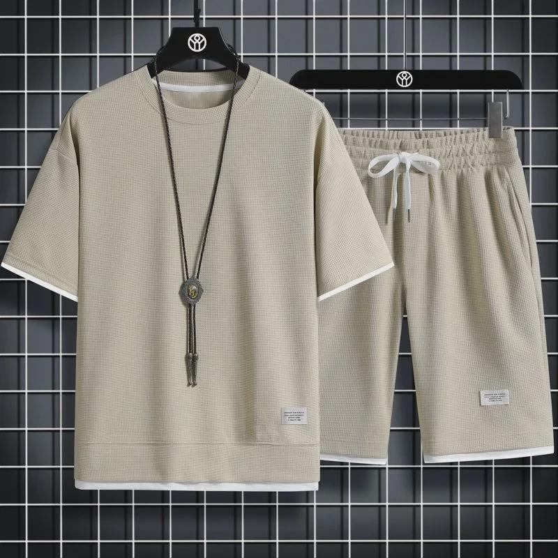 Ice Silk Waffle Sports Set: Loose Half-Sleeve T-Shirt & Half-Pants for Summer Leisure