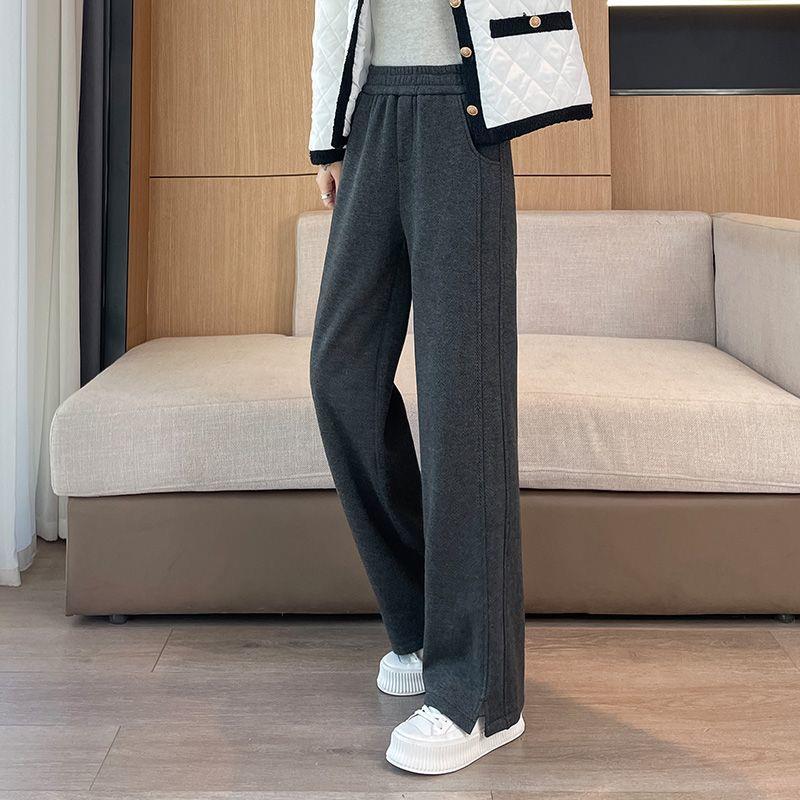

Women s Herringbone Wool Split Straight Wide-Leg Pants - 2026 Spring/Autumn, Plus Velvet, Casual Trendy Style XL: 120-130 lbs