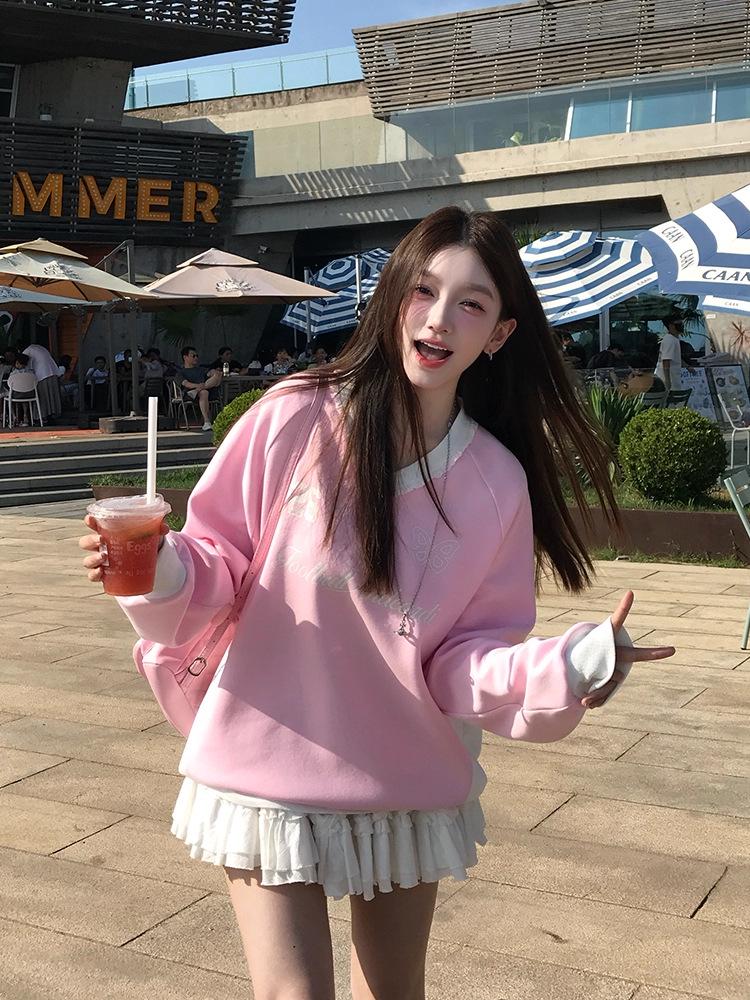 Women's V-Neck Lace Sweatshirt: Autumn-Winter Ballet Style, Navy Blue, Loose Slimming Fit