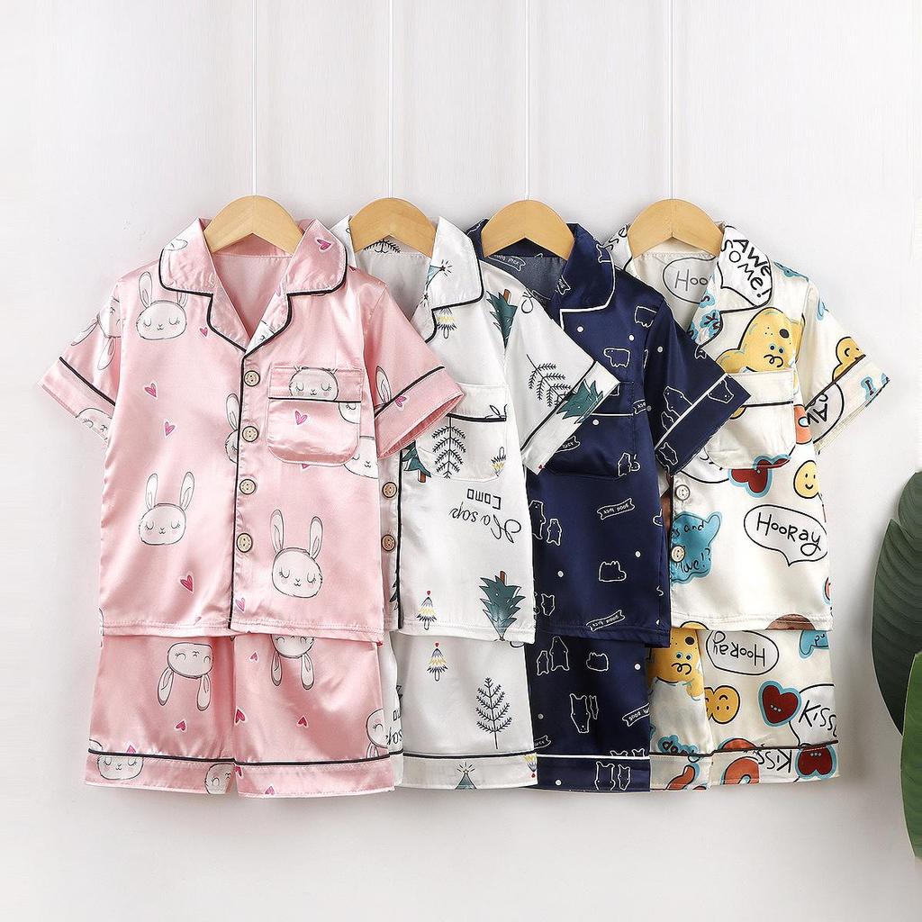 Kids' Cartoon Ice Silk Short Sleeve Pajama Set for Spring and Summer