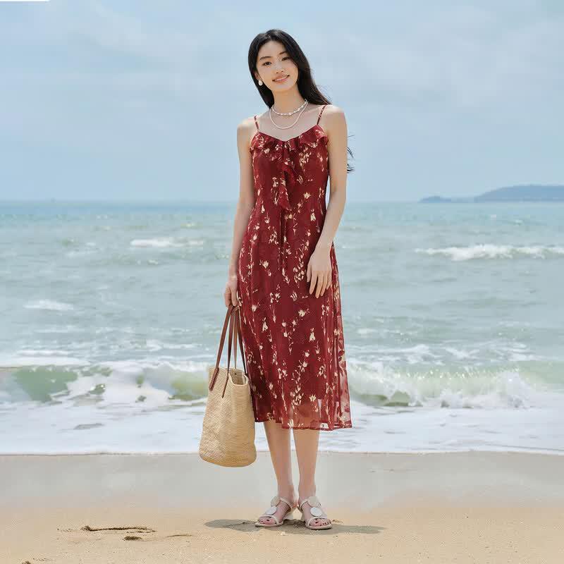 French Style Ruffle Floral Midi Dress L