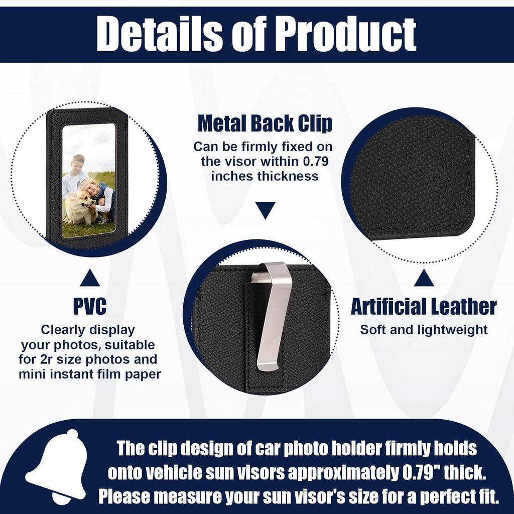2 Pack Car Picture Frame Visor Clip Leather Sun Visor Photo Clip Holder Personalized Car Picture Holder Display Visor Photo Frame Vertical Horizontal