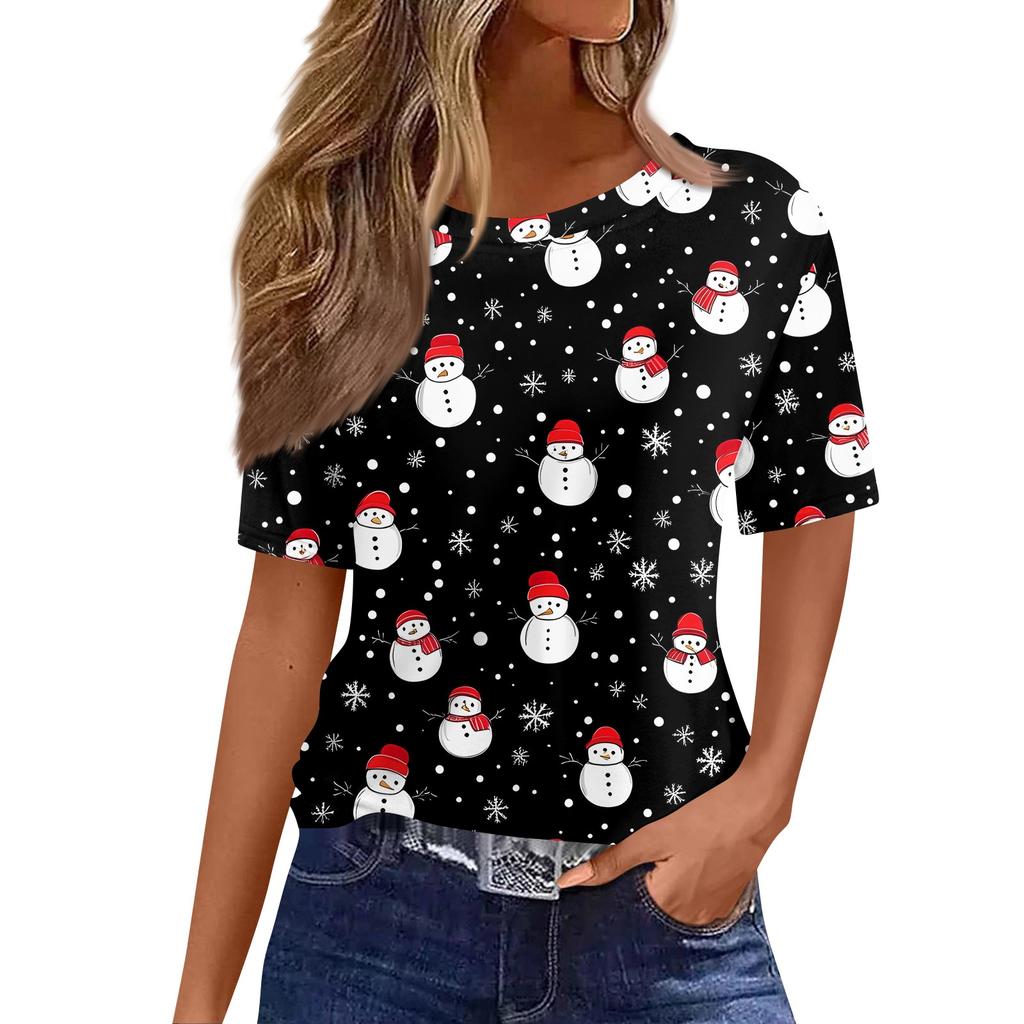 Women's Fashionable Casual Short Sleeve Christmas Print Round Neck Pullover Top
