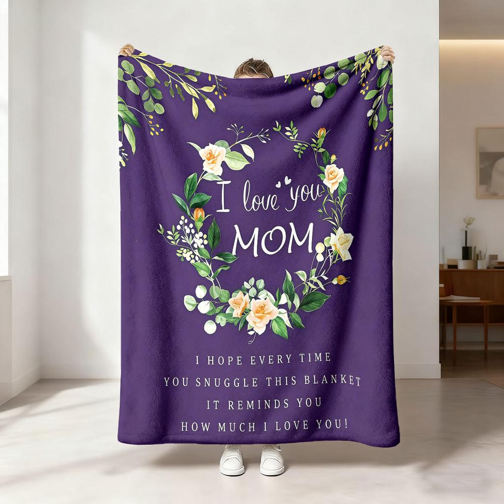 Mother's Day Flannel Blanket 230GSM I Love You Mom Floral Print Soft Cozy Throw Blanket Gift for Mom Grandma