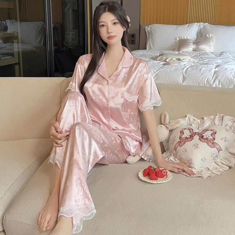 Women Sleepwear Sets Rest Summer Autumn Lace patchwork jacquard Pajamas Set Turn Down Collar Faux Silk Satin Short Sleeve Female Pijama Home Wear