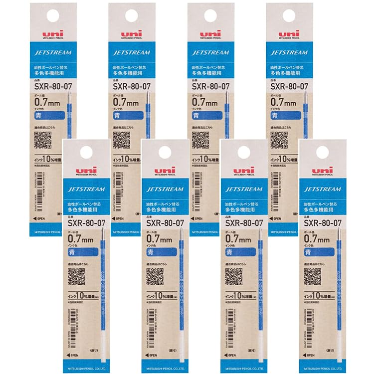 Set of 8 Mitsubishi Pencil Ballpoint Pen with Original Logo Sticker Refills, Blue, Jetstream, Multi-Color, Multi-Function, SXR-80-07, 0.7mm,