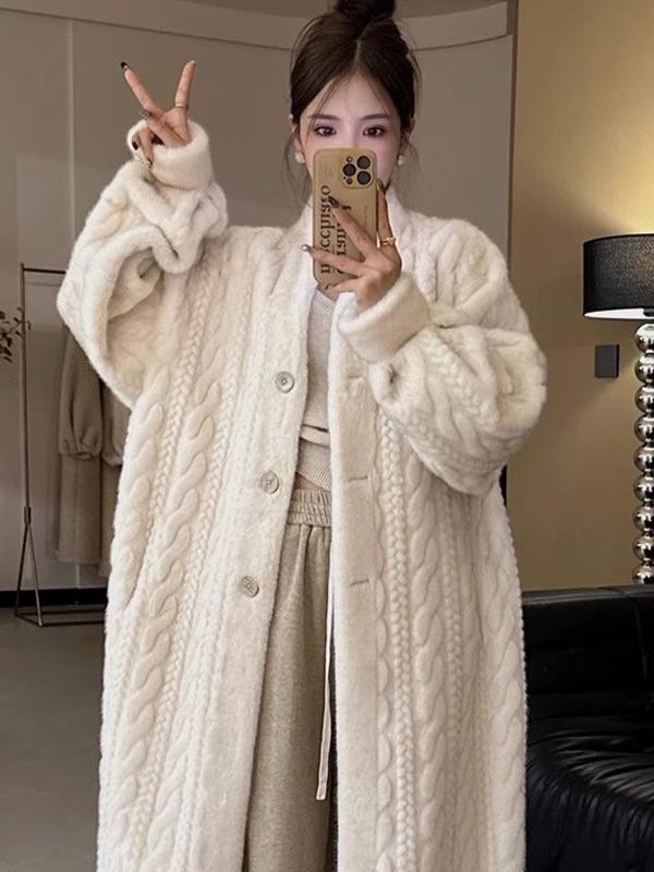 Thick Long Faux Mink Cable Knit Cardigan and Leather-Fur Eco Coat for Women Winter