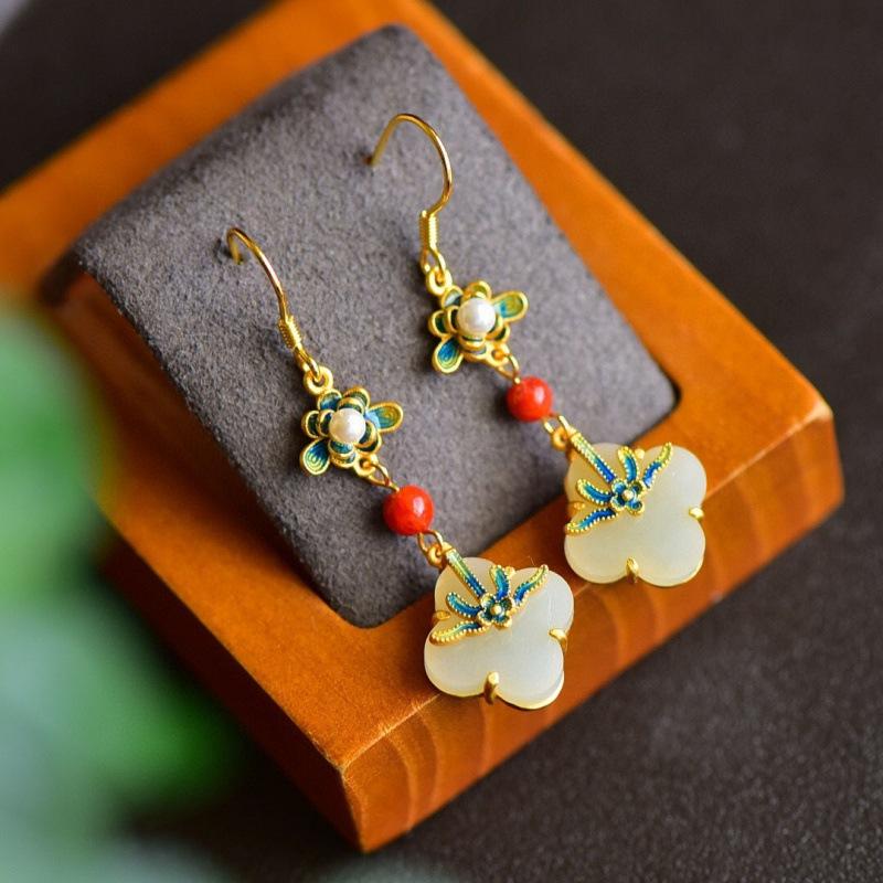 Original Natural Chalcedony Flower Enamel Drop Earrings For Women Exquisite Ancient Rhyme Ethnic Style Banquet Jewelry Gift