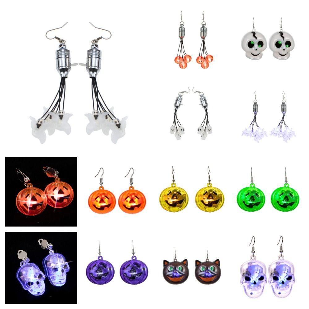 Luminous Halloween Pendant Pumpkin Dangle Ear Clips LED Skull Earrings Electric Black Cat Glowing Dangle Earrings