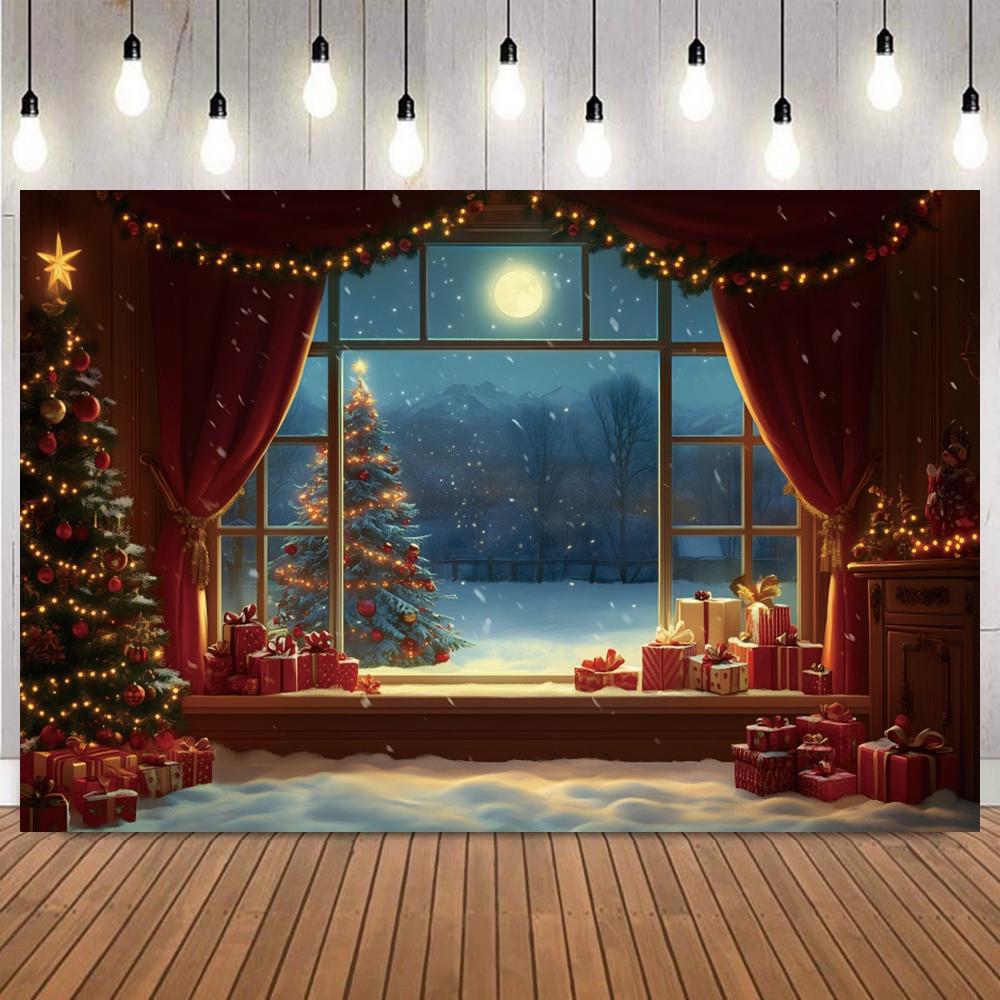 Christmas Photo Backdrop Santa Claus Gifts Xmas Tree Snowflake Full Moon Teddy Bear Photography Backgrounds Photoshoot Supplies4