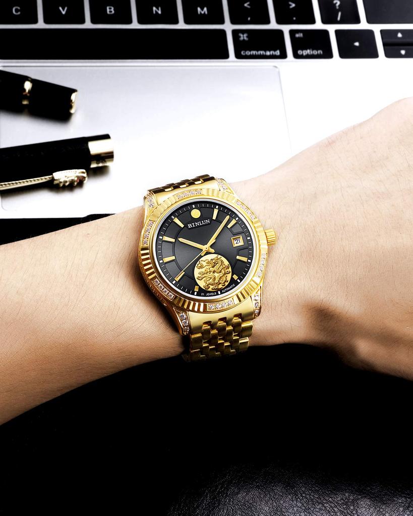 BINLUN Gold Mechanical Automatic Watch with Analog Date Stainless Casual Business Watch for Men Men's Display, Waterproof, Display, Steel, [Used]