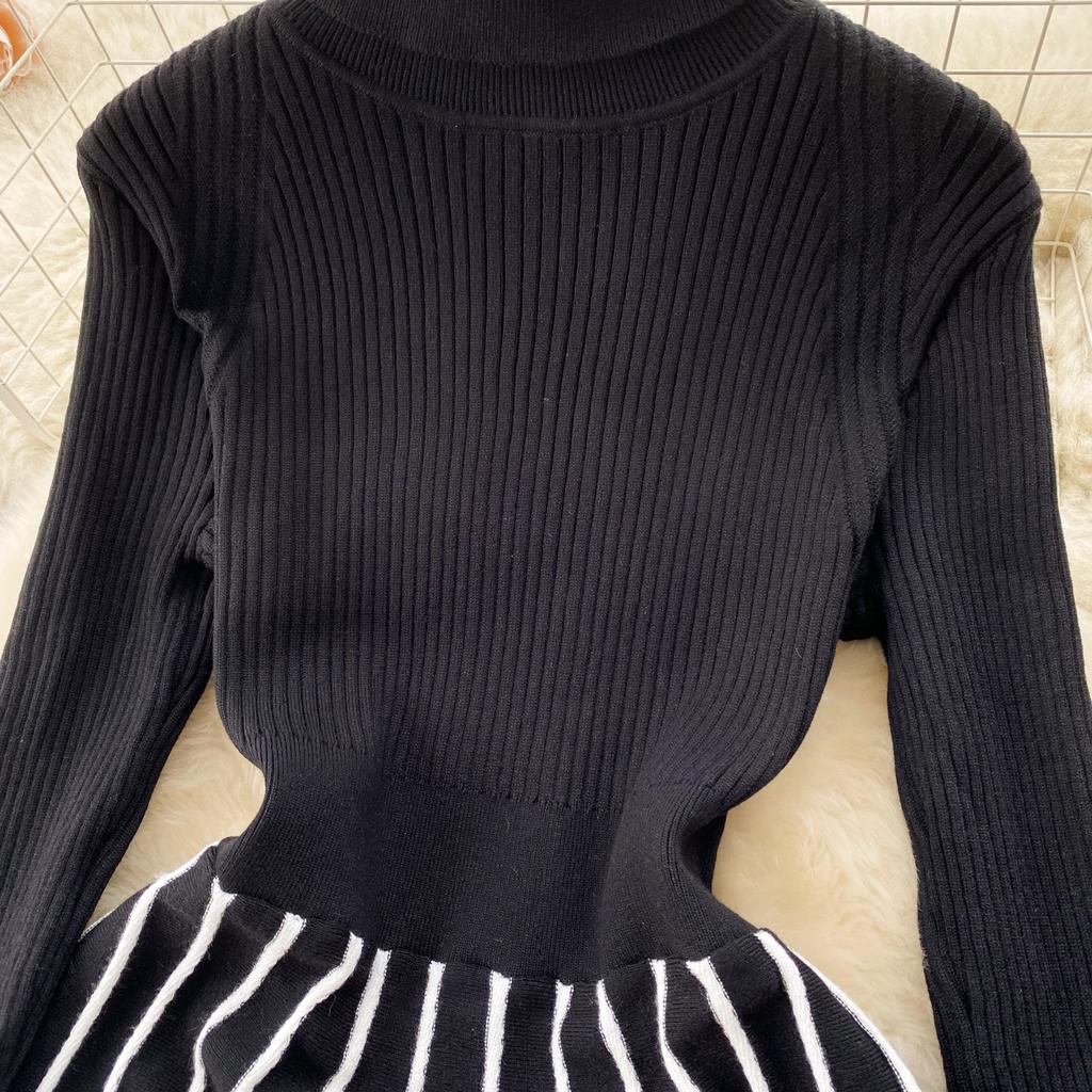 Téli őszi retro kötött csíkos ruha garbó hosszú ujjú vékony női elegáns színes blokk vintage pulóver vonalas ruha