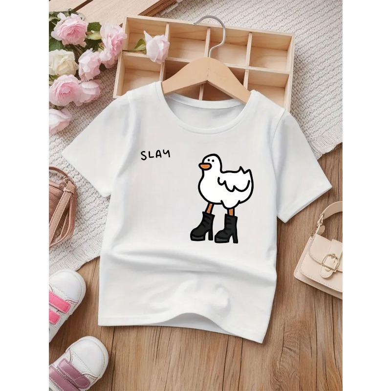 European Sizes Cute Cartoon Duck Print Round Neck Short Sleeve T-Shirt for Girls, New Summer Fashion Casual Top - Breathable Clothing
