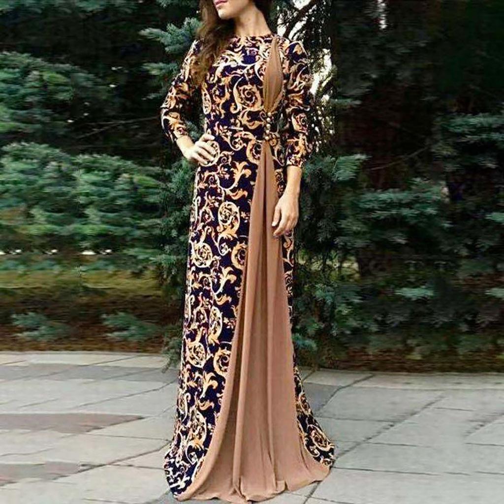 Women Dubai Arabian Floral Print Long Dress Muslim Dress Islamic Long Dress
