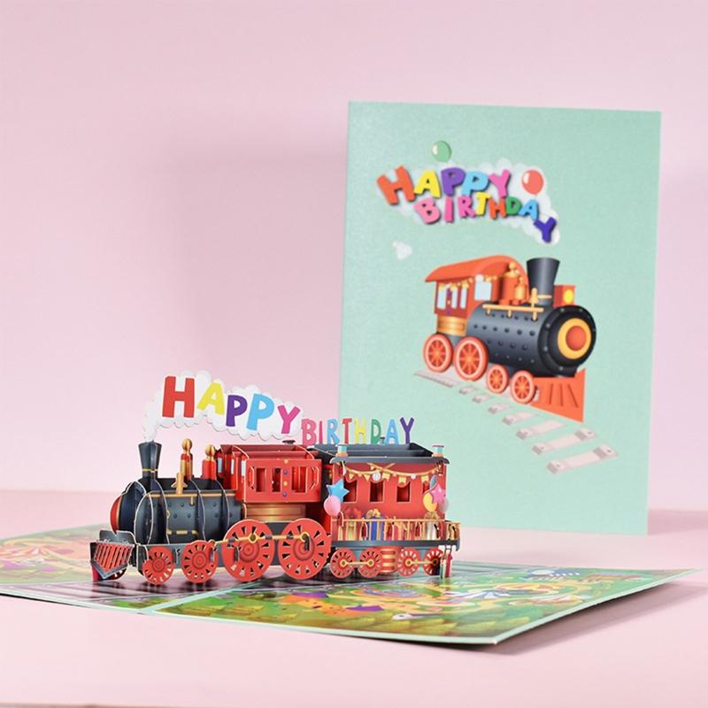 Train 3D Greeting Card Happy Birthday Card with Envelope Creative Fathers Day Gift for Dad Grandad Husband