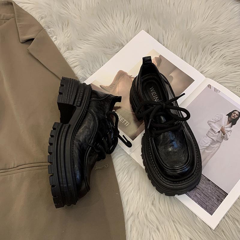 Thick-soled Heightening Loafers Women's 2025 New Spring and Autumn Women's Shoes Lace-up Round Head Single Shoes Popular British Small Leather Shoes