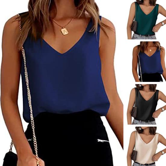 Women Tank Top V-neck Solid Color Sleeveless Low-cut Loose Daily Wear Pullover Satin Women Summer Vest Women Clothes