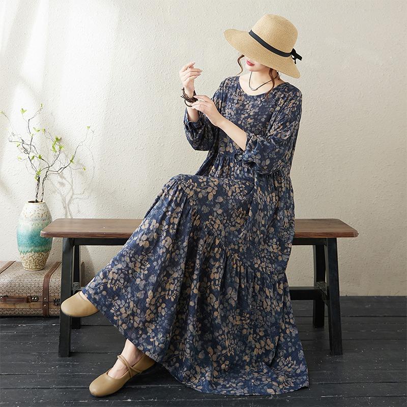Real Autumn New Thin Cotton and Linen Fat MM Long Sleeves Loose and Thin Cake Big Pendulum A Word Dress Women