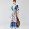 Bohemian-Style Cotton-Silk V-Neck Batwing Print Dress Summer Casual Vacation Beach Dress