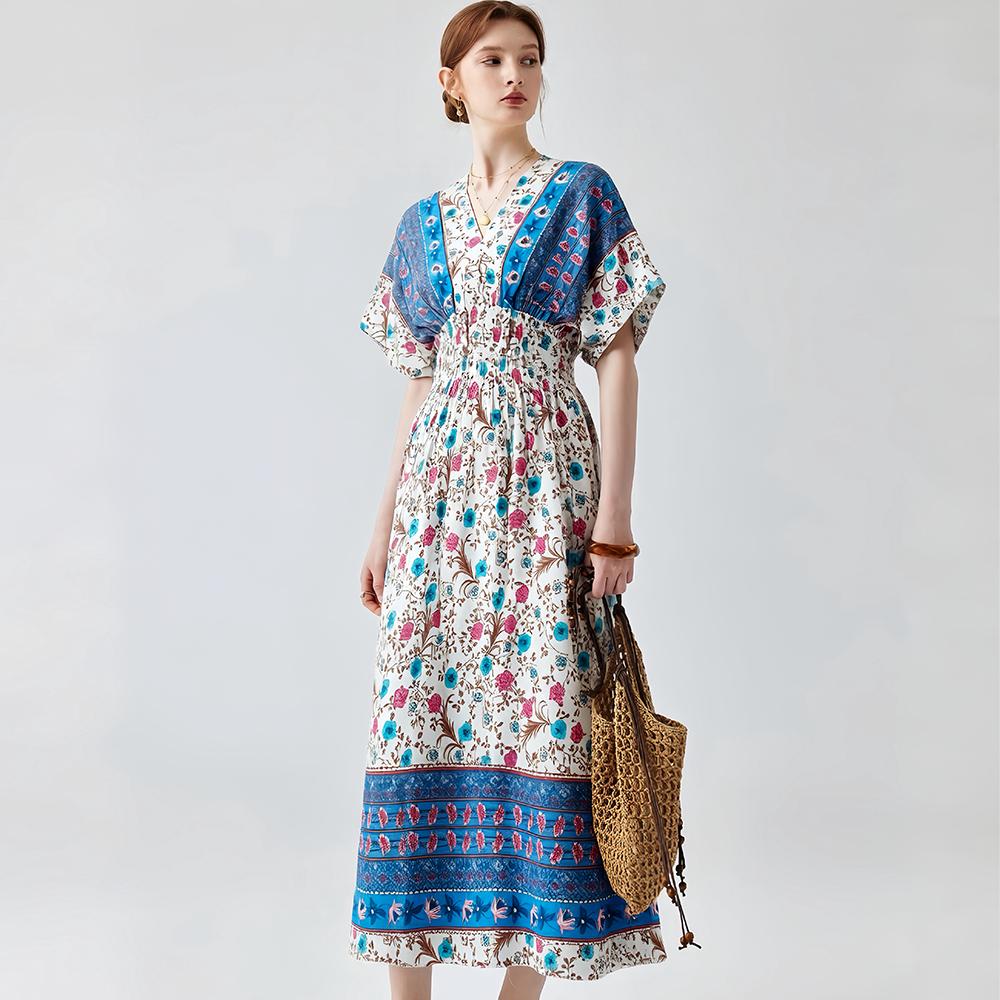Bohemian-Style Cotton-Silk V-Neck Batwing Print Dress Summer Casual Vacation Beach Dress