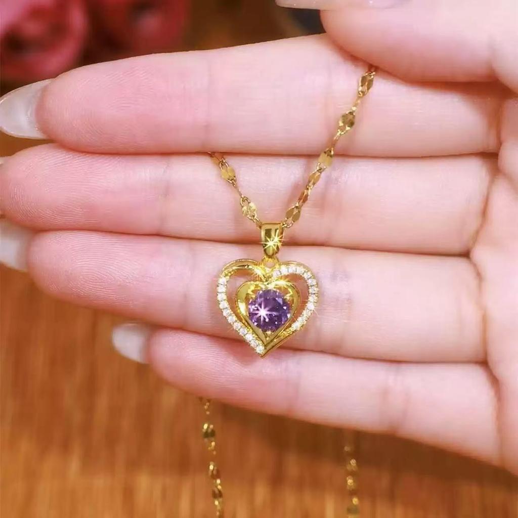 Collier Amour Violet Femme Luxe Léger Polyvalent Zircon Micro-Incrusté Cœur Chaîne Clavicule