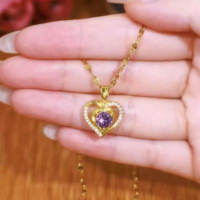 Violetinis meilės karoliai moterims, lengvo prabangos, universalūs, su mikroįdėtu cirkoniu, širdelės formos, ant raktikaulio grandinėlė