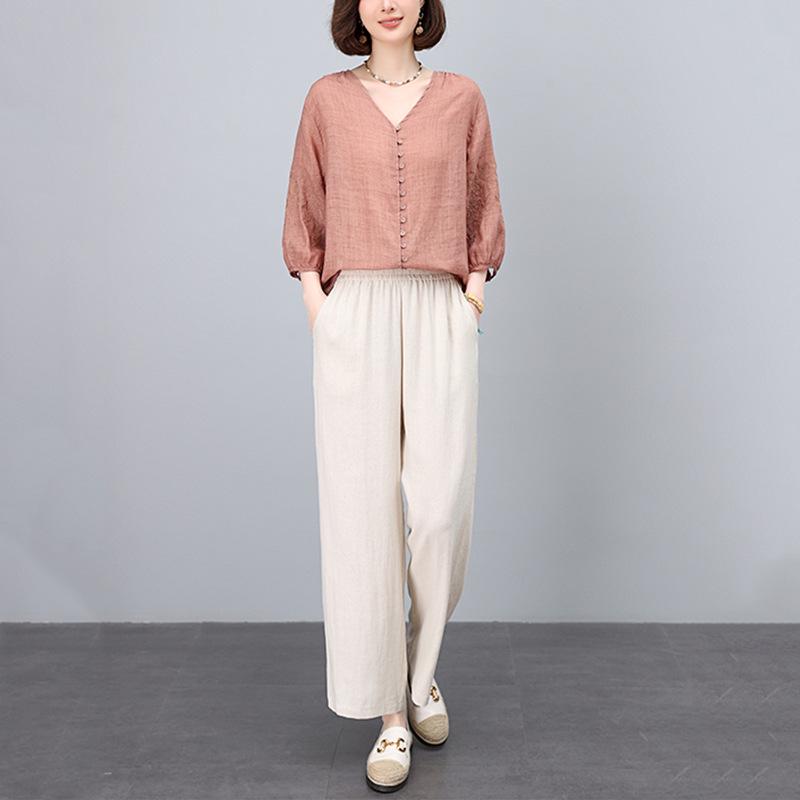 

Летний женский льняной костюм 2025: Стильный, свободного кроя костюм-двойка для мам среднего возраста Extra Large зелёный