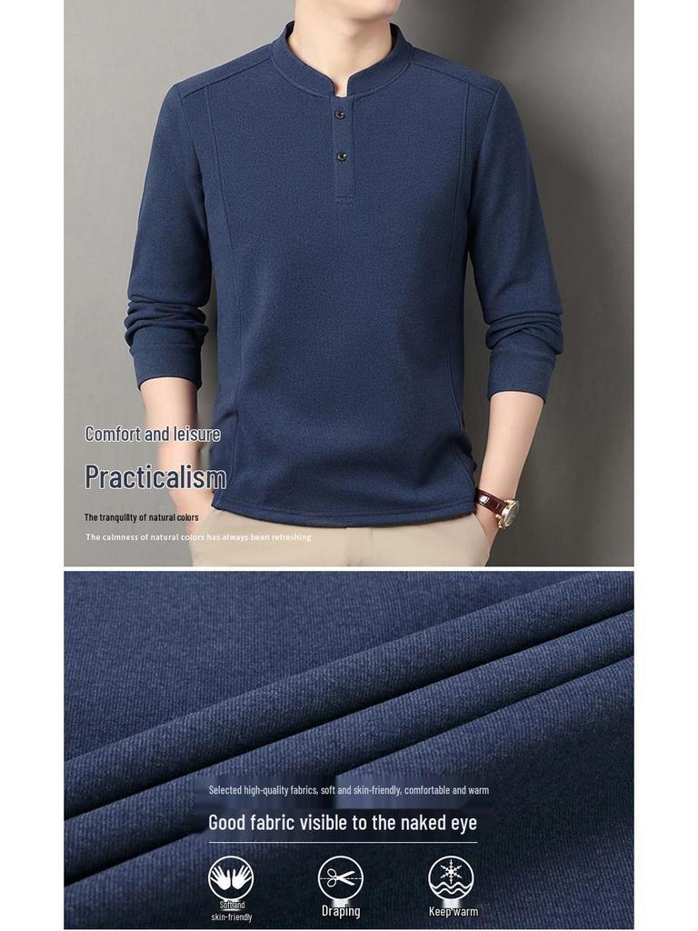Men's Stand Collar Fleece T-shirt: Chinese Style, Long Sleeve, Thickened Velvet, Warm Casual Sweatshirt for Autumn/Winter.