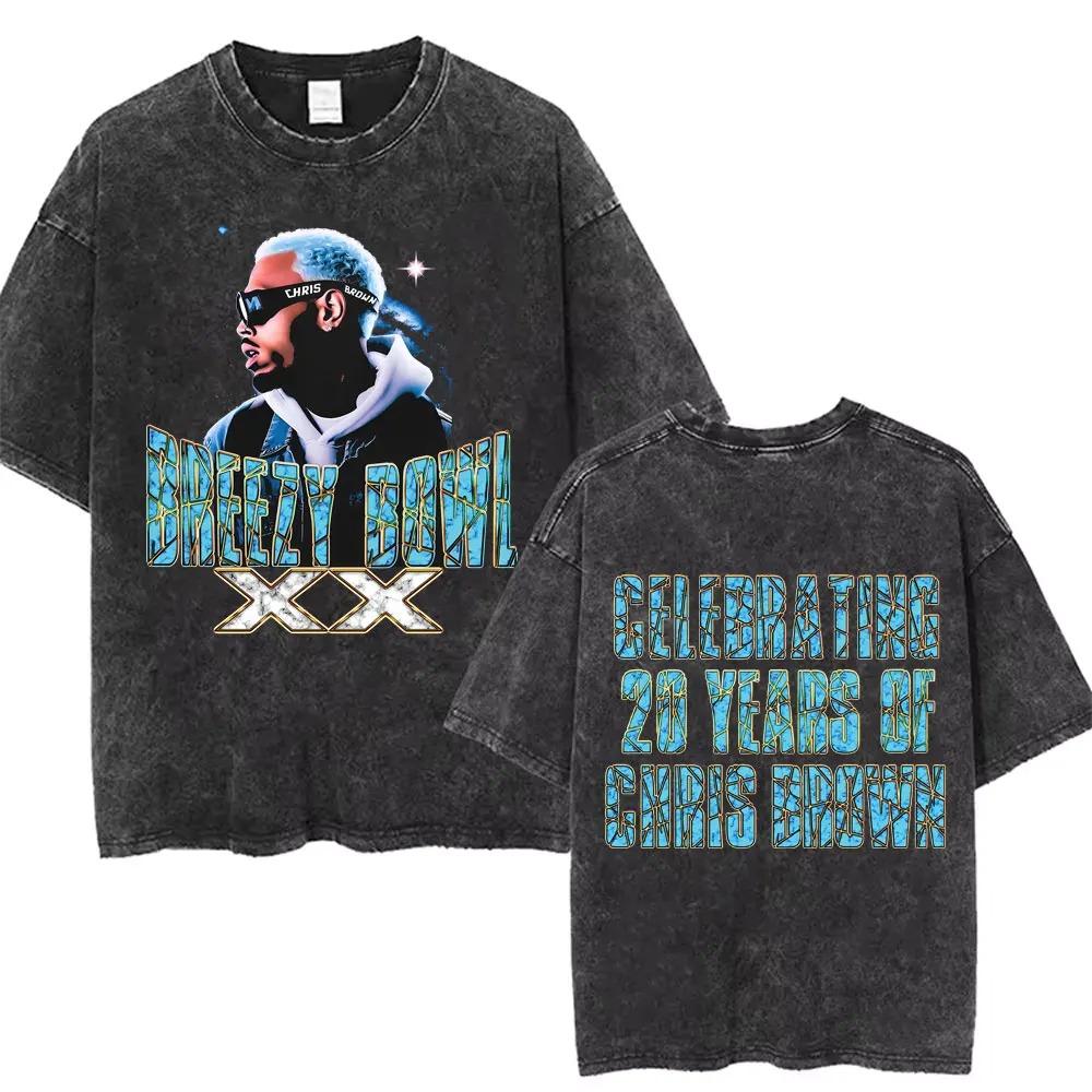 Vintage Washed Chris Brown Graphic T-shirt Breezy Bowl XX Tour 2026 Merch T Shirts Men Women Hip Hop Fashion Oversized T-shirts