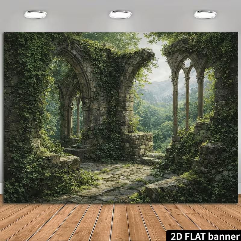 2D Gothic Stone Ruins Ivy Backdrop Enchanted Forest Photography Background