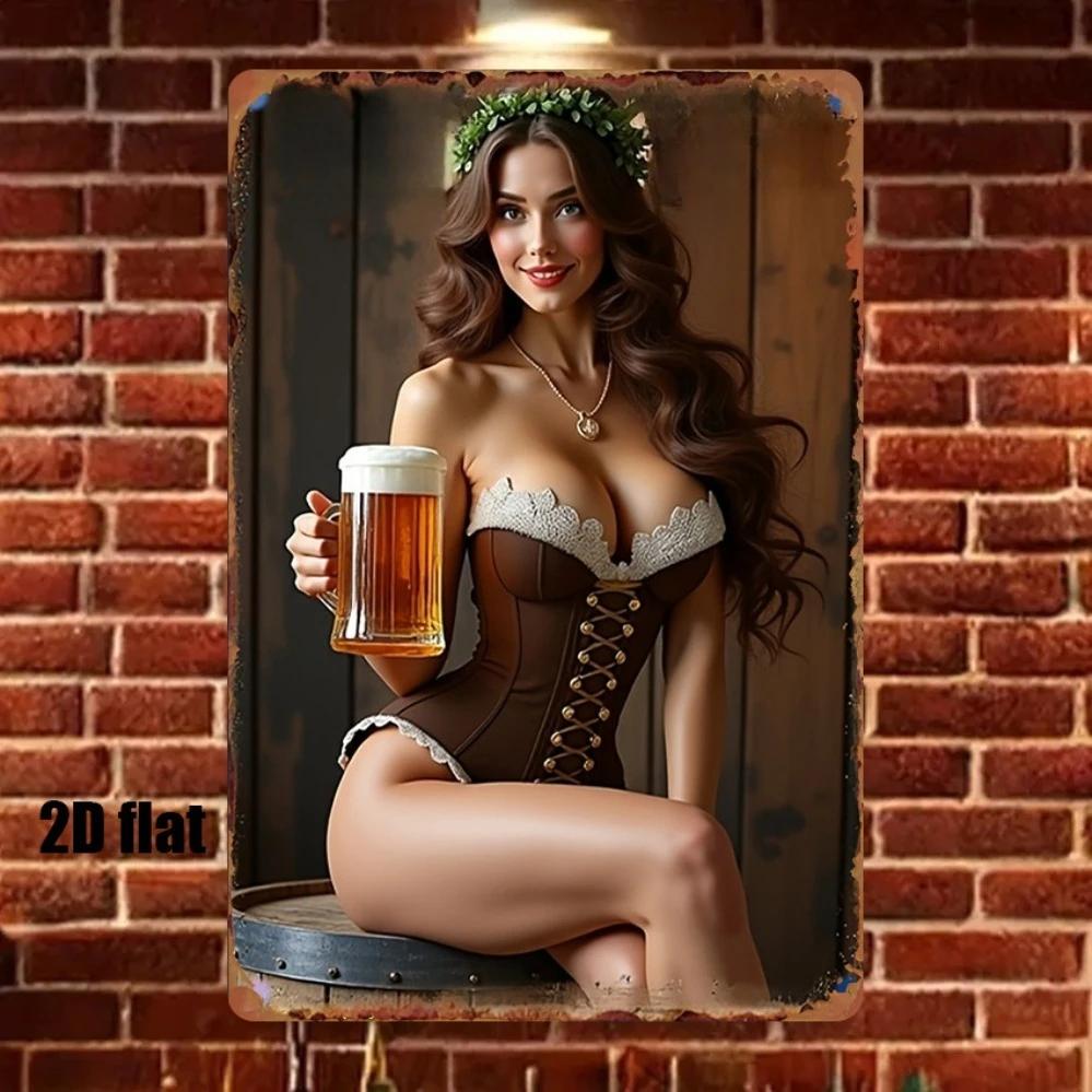 Vintage German Beer Girl Metal Wall Art - 8x12 Inch Retro Brewery Sign with Leather Pants Design, Easy to Hang for Home Bar D