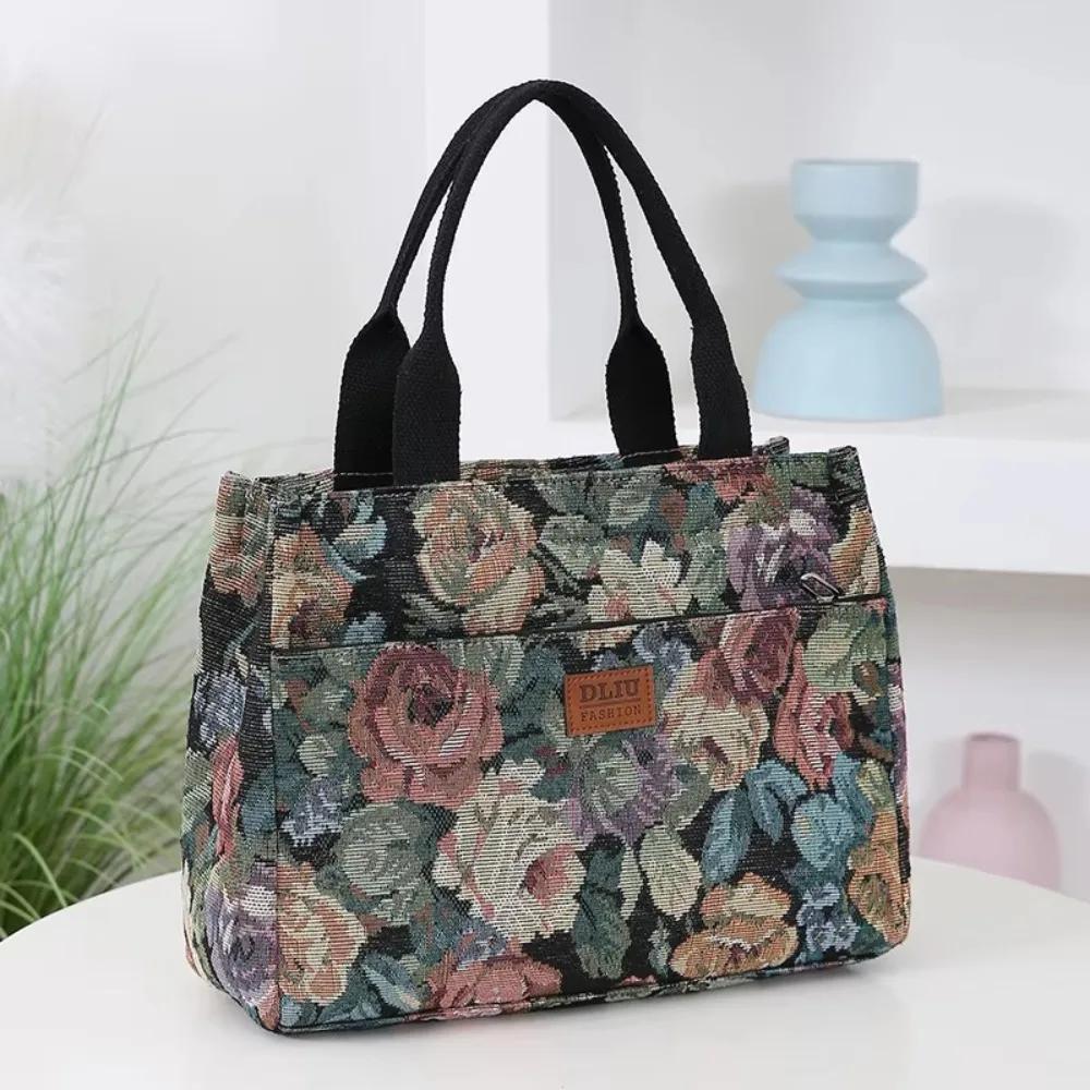 Borsa Tote da Donna con Stampa Floreale Casual Borsa Pranzo in Tela Spessa con Cerniera Grande Capacità Borsa a Mano Jacquard