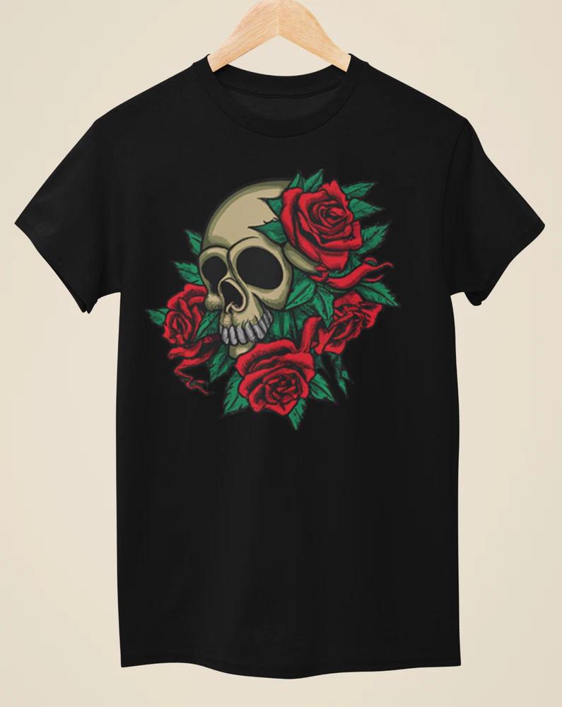 Skull Roses Tattoo Inspired Unisex Black TShirt S