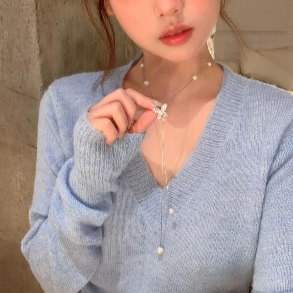 Flower Butterfly Necklace Metal Chain Tassel Collarbone Chain Sweater Chain Pearl Choker  Women
